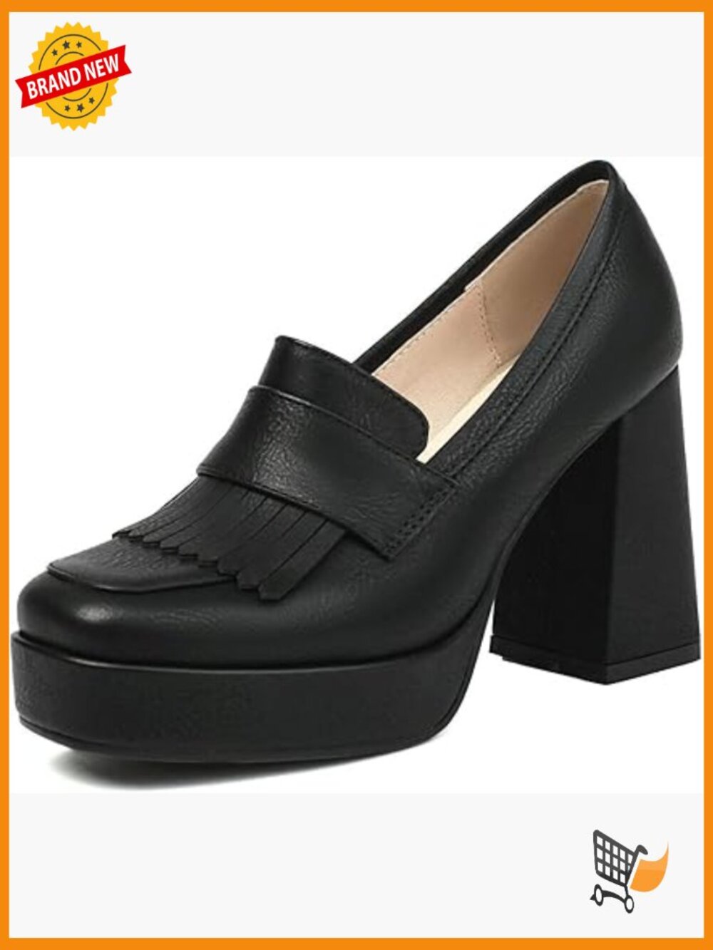 Chunky Heel Loafer Pump with Tassel Square Toe Slip On Platform PU Leather